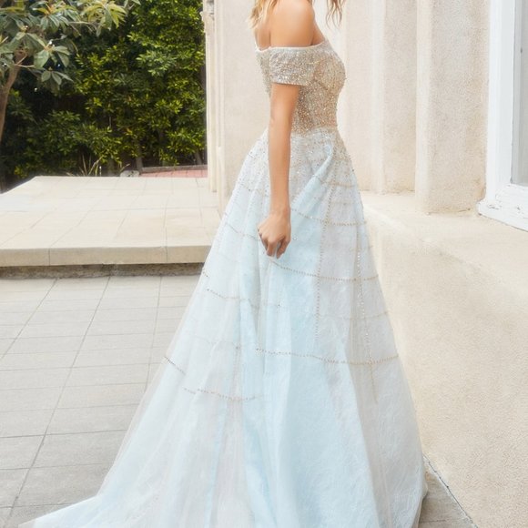 NEW CHAMPAGNE/BLUE PARTY EVENING OFF THE SHOULDER MODERN BEADED BALLGOWN AL0724 - Picture 13 of 13